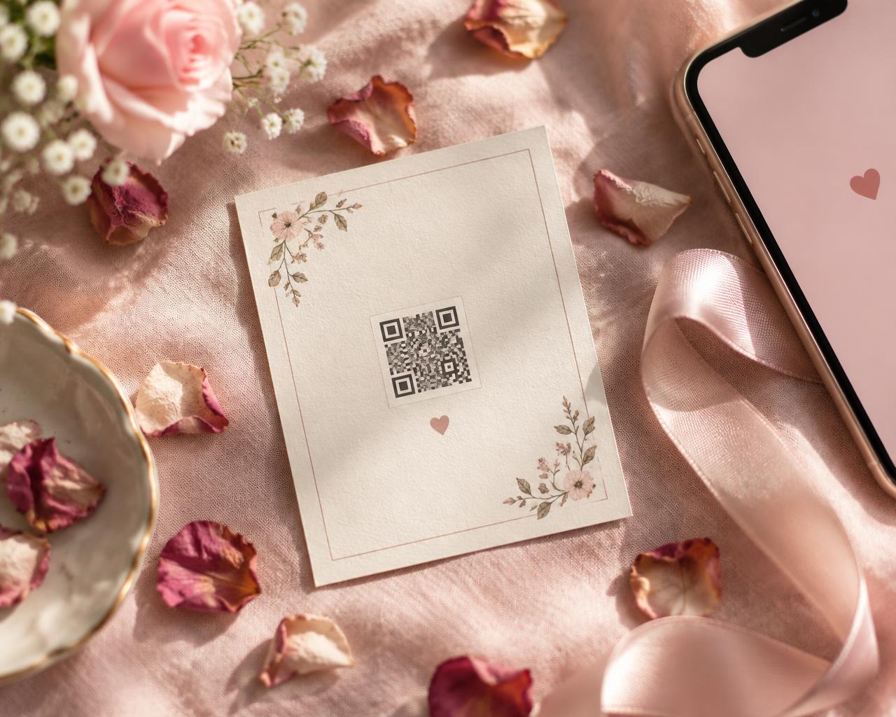 Tarjeta de regalo con código QR rodeada de pétalos de rosa